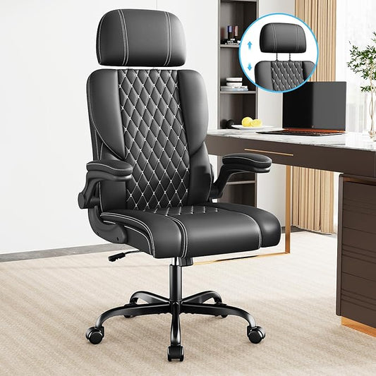 Sytas Executive Leather Office Chair, Comfy Desk Chair with Adjustable Headrest & Flip-up Padded Arms & Lumbar Support, Adjustable Hight and Tilt, Rolling Swivel Chair, Black