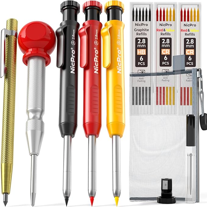 Nicpro 10 Pack Carpenter Pencils Mechanical, Construction Pencils with 21 Refill, Automatic Center Punch and Carbide Scribe Tool, Mechanical Pencil for Woodworking, Best Carpenters Marking Tool