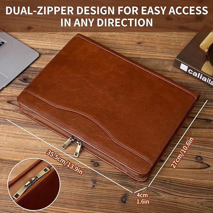 YIWEN Handmade Crazy-Horse Leather 3 Ring Binder Portfolio Padfolio Folder with Zipper for Men and Women, Business Organizer for Letter A4 Size for Meeting and Travel (Non-custom, Oil Wax-brown)