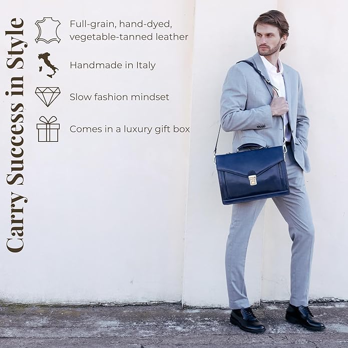Time Resistance Leather Briefcase for Men - Business Laptop Bag - Italian Handmade Leather Bag - Attache - Gift Box Included