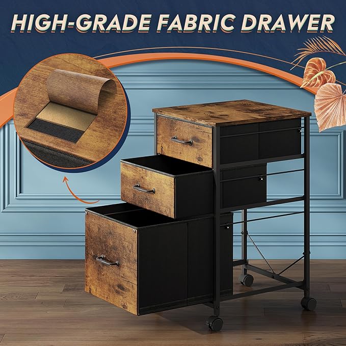 DEVAISE Mobile File Cabinet, Rolling Printer Stand with 3 Drawers, Fabric Vertical Filing Cabinet fits A4 or Letter Size for Home Office, Rustic Brown Wood Grain Print