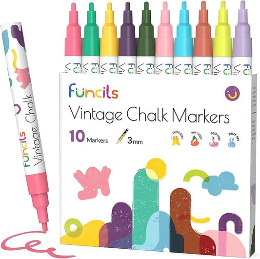 Vintage Liquid Chalk Markers for Chalkboard Signs, Blackboard, Window, Labels, Bistro, Glass, Car (10 Pack, 3mm) - Wet Wipe Erasable Ink Chalkboard Markers, Reversible Tip Liquid Chalk Pens