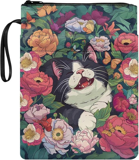 COEQINE Book Sleeves Cats Flower Book Covers Book Lover Gifts Book Protector with Zipper Book Covers for Paperbacks Book Pouch with Pockets Travel Book Case