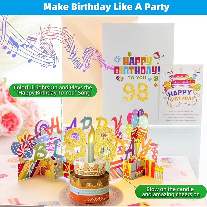 Gumry 98TH Musical Birthday PopUp Card, Blowable Colorful Light Candle 3D Cards with Song, Applause Cheers Sound, Greeting Cards Birthday Gifts Decorations for Women Men Turning 98 Years Old