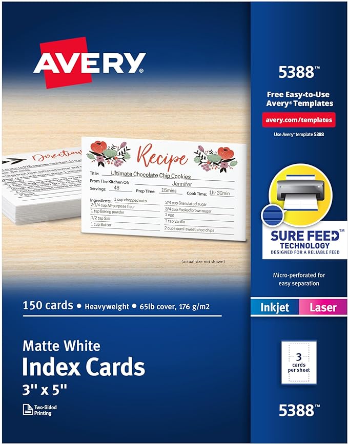Avery Printable Index Cards with Sure Feed Technology, 3" x 5", White, 150 Blank Index Cards for Laser or Inkjet Printers (05388)
