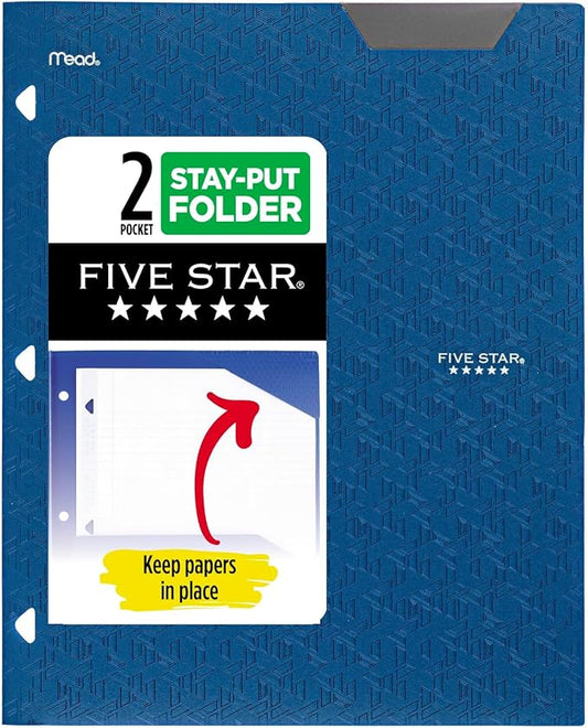 Five Star 2-Pocket Folder, Plastic Folder with Stay-Put Tabs, Fits 3 Ring Binder, Holds 8-1/2" x 11" Paper, Blue (333420C-ECM)