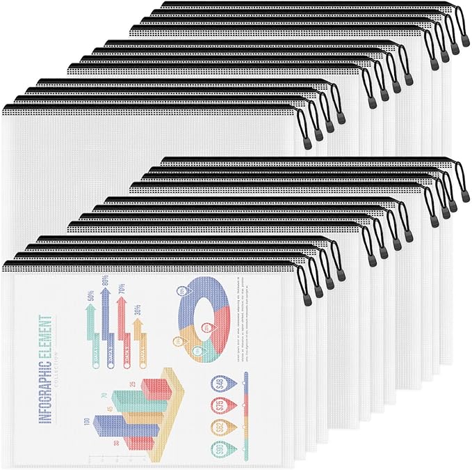 Smarpau A4/Letter Size Mesh Zipper Pouch, 24 Pack 13" x 9.4" Plastic Zipper Pouches for Organizing, Multipurpose Waterproof Zipper Bags for Travel, Office, Home Storage, Black