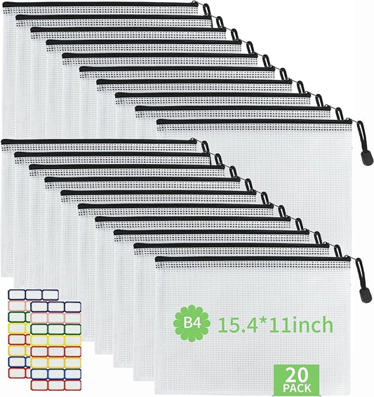 20 PCS B4-15.4×11Inch Plastic Mesh Zip File Bags, Waterproof Tear-Resistant Document File Folders, Zipper Documents Pouch Document Organizer Bags for School Office Home Travel Storage