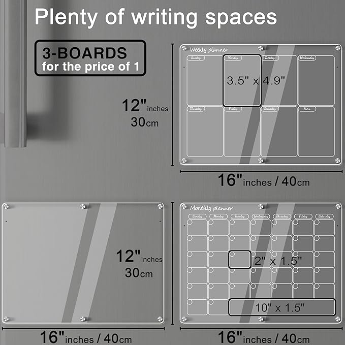 Magnetic Acrylic Calendar for Fridge Magnetic Calendar for Refrigerator, 16"X12" Clear Monthly Weekly Planner 3 Pcs Acrylic Dry Erase Board Magnet Whiteboard