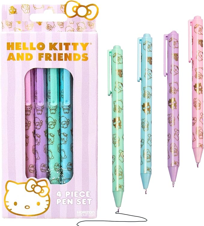 Sanrio Hello Kitty & Friends 4-Piece Pen Set - My Melody, Kuromi, Kawaii & School Supplies, Black