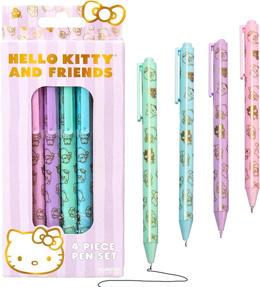Sanrio Hello Kitty & Friends 4-Piece Pen Set - My Melody, Kuromi, Kawaii & School Supplies, Black