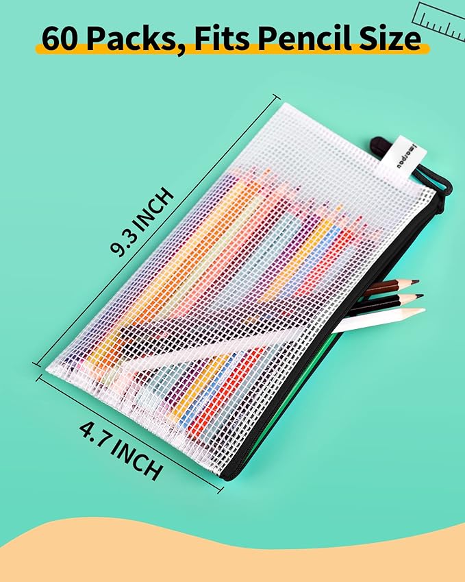 Smarpau 60pcs Mesh Zipper Pouch, 9.3" x 4.7" Pencil Pouch Bulk Small Pouch, Waterproof Pencil Case Zipper Bags for Organizing Travel, Office