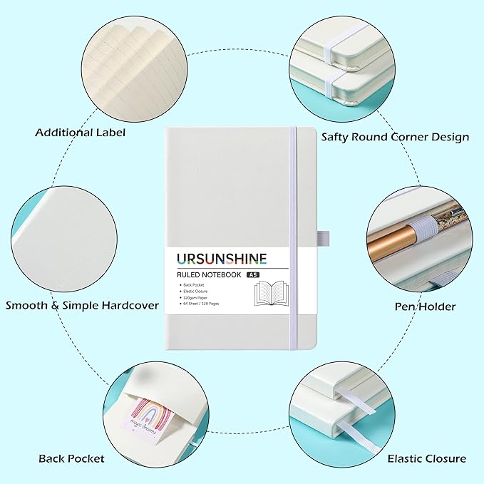 Ruled Notebook/Journal - Classic Lined Journal/Notebook, 5.3'' x 8.26'', Hardcover with Thick Paper, Banded + Pen Holder +Inner Pocket - White