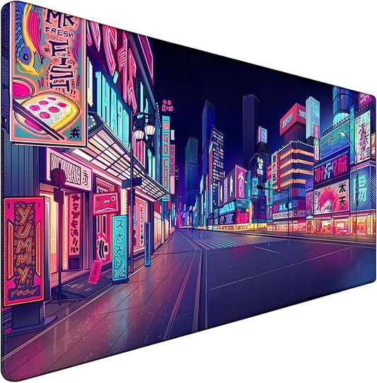 Japanese City Big Desk Mat Large Office Desk Pad, Durable Extended Mouse Mat, 35.4"x15.7" Computer Mousepad with Non-Slip Rubber Base & Stitched Edge for Home Office Gaming Work