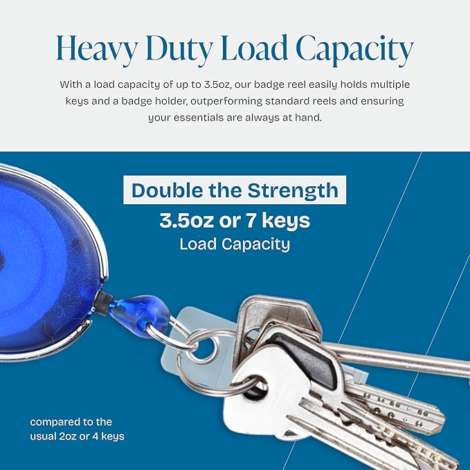 Will Well ID Badge Holders with Clip and Keyring - Horizontal Clear Plastic 3.7" x 2.5" Sleeves Fit Up to 3 Cards - Retractable 24" UHMWPE Fiber Pull Cords - 2-Pack, Transparent Blue Reels