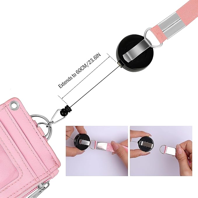 Cute ID Badge Holder Retractable Lanyard Reel Clip with Heavy Duty Carabiner,5 Card Slots in 2 Sided with Key Ring and Zipper for Students Teens Boys Girls Office Staff Women (Purple Rabbit)
