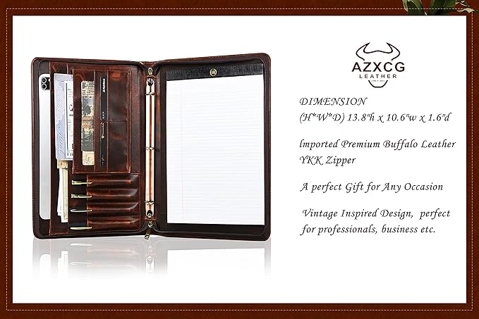 AZXCG Leather Portfolio with Zipper, 3 Ring Binder Resume Padfolio Folder, Professional Planner with A4 Notebook Holders, Business Document Organizer for 13.3" Laptop, Gift for Women/Men, Oil Wax