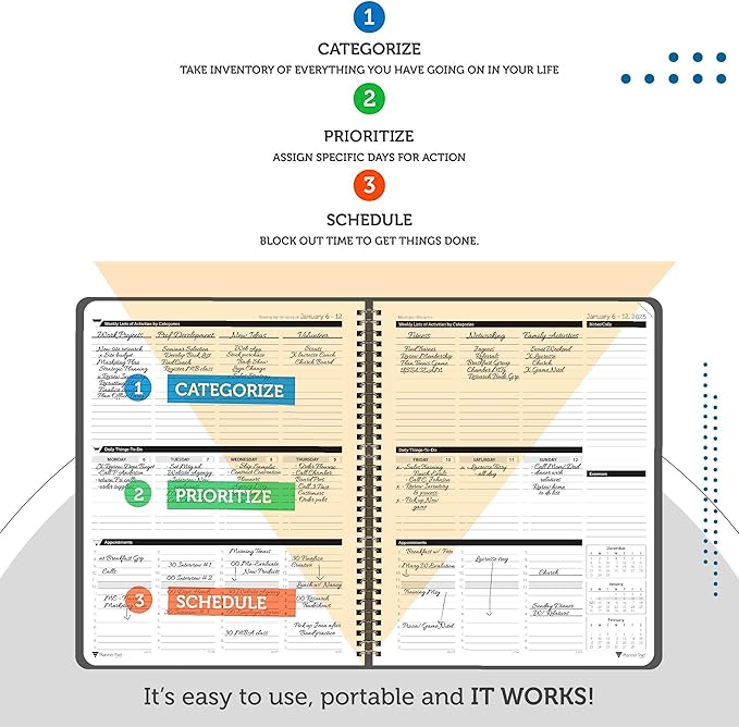 Planner Pad Spiral Bound January-December 2025/ Calendar Year 8 1/2" x 11" Large 3-Tier Funnel Down 12 Month Organizer, Black Cover/Black Ink