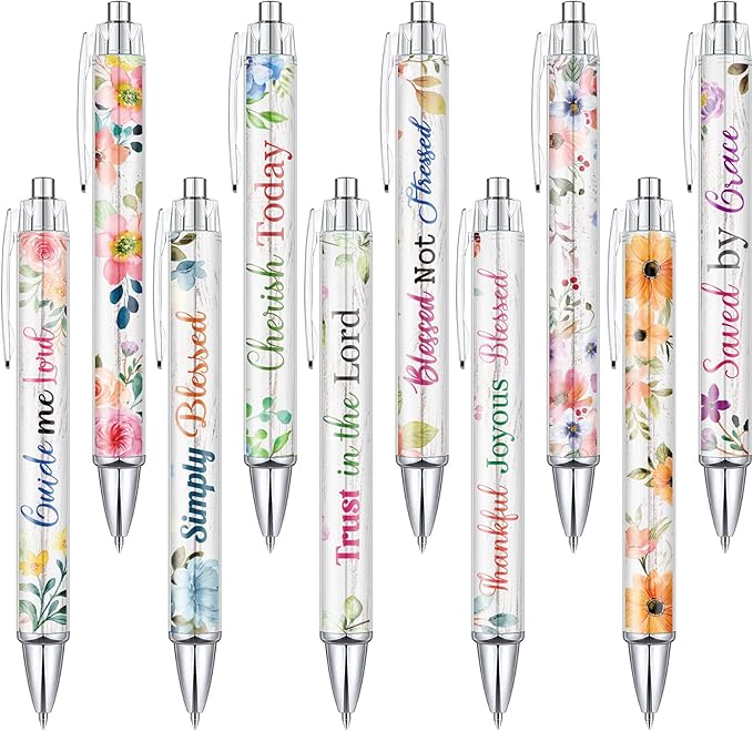 Tinlade 10 Pcs Christian Pens for Women Religious Ink Pens Easter Gifts Inspirational Quotes Bible Verse Ballpoint Funny Office Supplies for Women Men Coworker(Flower)