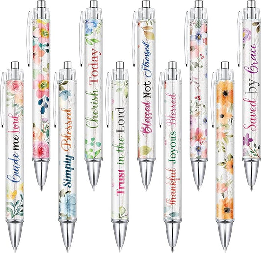 Tinlade 10 Pcs Christian Pens for Women Religious Ink Pens Easter Gifts Inspirational Quotes Bible Verse Ballpoint Funny Office Supplies for Women Men Coworker(Flower)