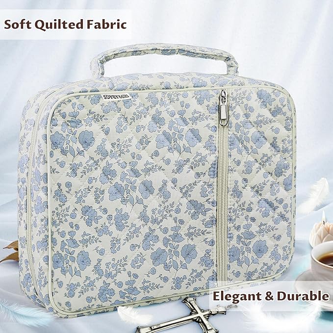 shirabags Quilted Bible Cover Case for Women - Elegant Cotton Bible Bag for Study, Church, Christian Gifts for Women(Blue Floral, M)