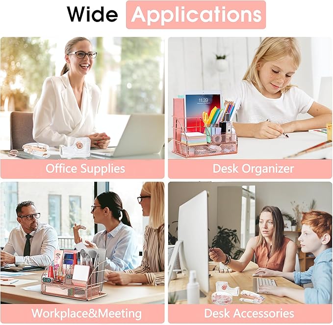 Rose Gold Desk Organizers and Accessories, Office Supplies with Mesh Desk Organizer, Acrylic Tape Dispenser and Stapler, Staples, Ballpoint Pen, Clips Set, Ruler, Scissor, Sticky Labels