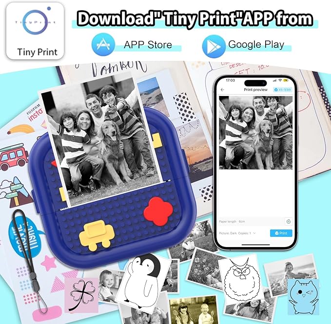 Mini Sticker Printer Building Block Bluetooth Smart Pocket Inkless Thermal Printer with 10 Rolls Paper,Colored Pen＆Sticker for iOS&Android,Portable Receipt Printer for Photo Journal Notes Memo