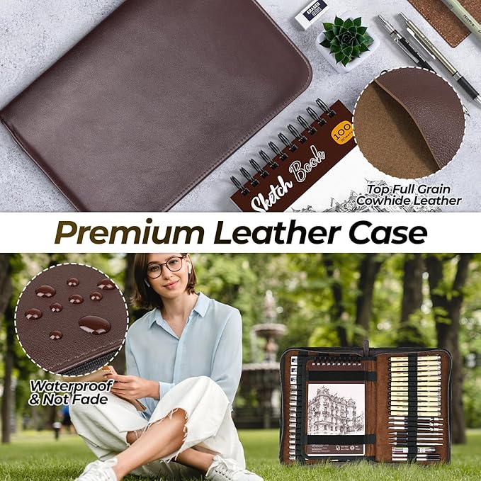 Nicpro 58 PCS Art Drawing Supplies Kit in Leather Case, Art Mechanical Pencil Set with 6 Metal Drafting Pencil 0.5 & 0.7 & 0.9 & 2mm, 12 Micron Pen, Sketch Book, 30 Tube Lead Refills for Sketching