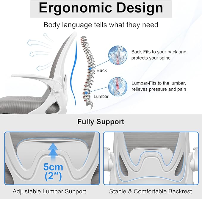 Drafting Chair Tall Office Chair with Flip-up Armrests, Adjustable Height, and Enhanced Lumbar Support - Ergonomic Rolling Stool, Back Support, and Adjustable Foot Rest Ring for Standing Desk Gray