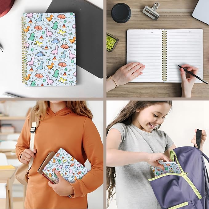 Cute Spiral Notebook journal B5 Aesthetic Pretty Design for Women Girls Kawaii with Pocket, 10 x 7.2 inch, Lined, Little Dino