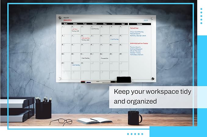 Real Glass Dry Erase Monthly Calendar, Extra Large 24" x 36", Tempered Glass Surface, Frameless Wall Mount, with 4 Assorted Color Markers and Eraser, by Better Office Products (Bright White)