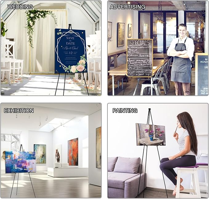 AROIC 63" Easel Stand for Display, 3 Pack Portable Foldable Metal Easel, Easels for Signs Wedding Logos,Arts, Painting,Adjustable Floor Easels with 3 Storage Bag