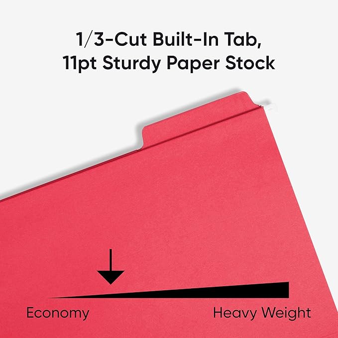 Smead FasTab Hanging File Folder, 1/3-Cut Built-in Tab, Letter Size, Red, 20 per Box (64096) (Pack of 1)