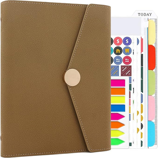 HXRTANGS PU Leather Notebook Binder Set A5, Refillable Writing Journal Planner Organizer with Paper Refills, Index Flags, Subject Dividers, Budget Stickers, Zipper Pocket and Bookmark Ruler, Khaki
