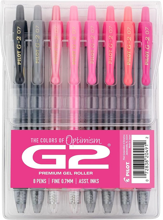 Pilot, G2 Premium Gel Roller Pens, G2 Boost Pink Pack, The Colors of Optimism, 8 Pack Pouch, Fine Point 0.7 mm, Assorted