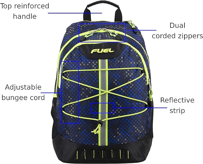 FUEL Hiking Backpack for Women Men Terra Sport, Travel, College, Gym, Work with Laptop Sleeve, Bungee, 18 Inches, Blue Hexagon
