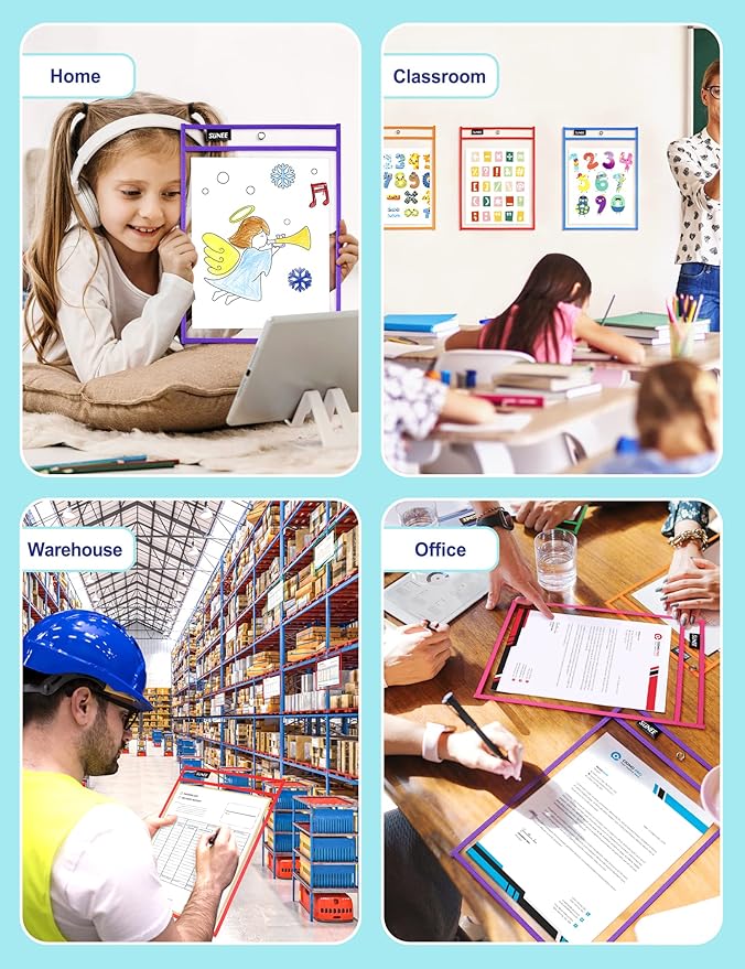 SUNEE 35 Packs Oversized Reusable Dry Erase Pocket Sleeves with 2 Rings, 10 Assorted Colors 10x14 Ticket Holders, Clear Plastic Sheet Protectors, Teacher School Classroom Supplies