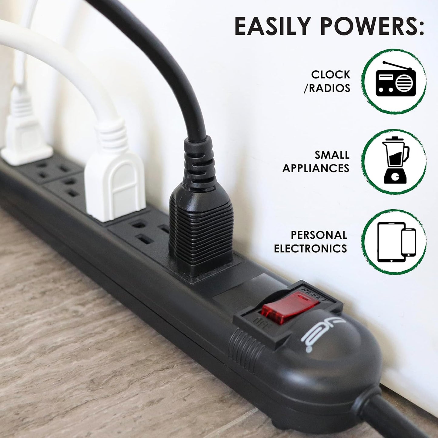 Digital Energy 6-Outlet Surge Protector Power Strip with 15-Ft Long Extension Cord, Black, ETL Listed/UL Standard