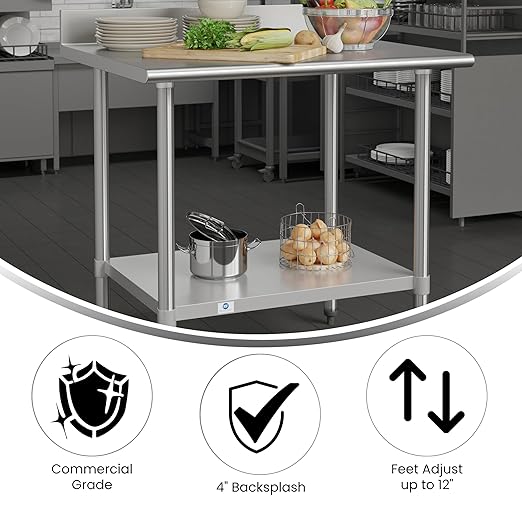 Flash Furniture Reese Commercial Stainless Steel Prep/Work Table for Back Kitchen, 430 Stainless Steel, 18 Gauge, Adjustable Shelf, 4" Backsplash, 30" x 36"