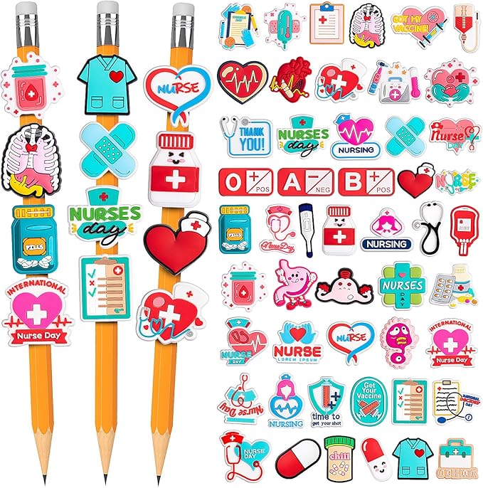 WDAHDHP Nurse Pencil Clips for Kids, 50Pcs Different Pencil Clips Topper, Cute Pencil Charms for Nursing School Students Medical Decor Nurse Week Nurse Day