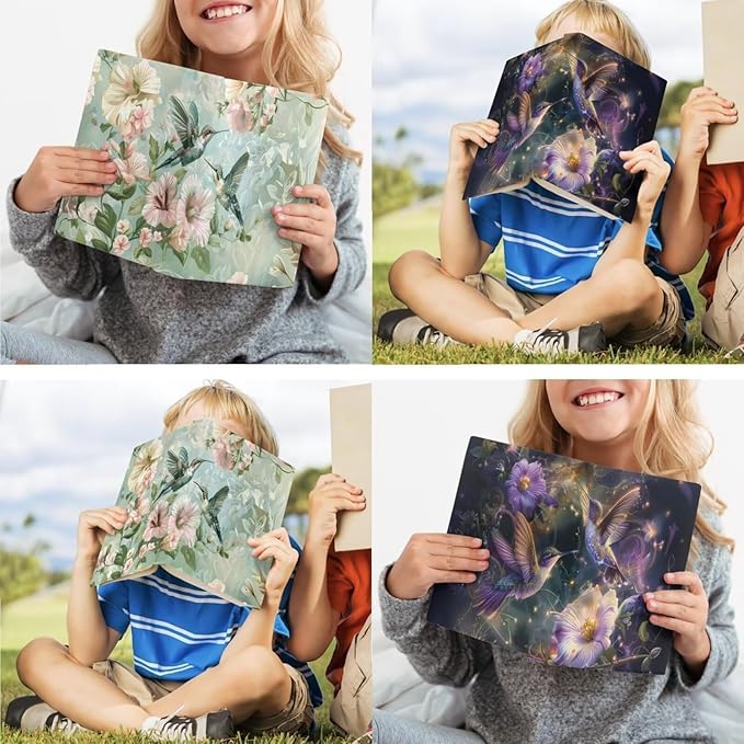 Hummingbird Print Book Cover Floral Print Book Protector Reusable, Durable Book Protector Pouch for Paperbacks Set of 2, Green and Purple