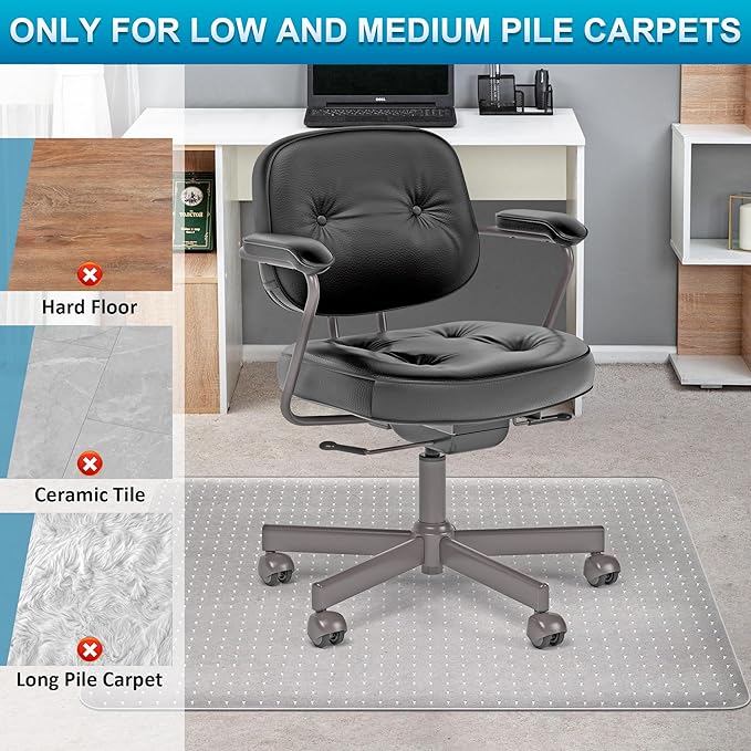 Office Chair Mat for Carpets, Desk Chair Mat for Low Pile Carpeted Floors, Heavy Duty Transparent Office Floor Mat for Office Chair on Carpet, for Work, Home, Gaming (36" X 48" with Extended Lip)