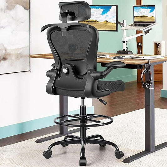 Drafting Chair, Tall Office Chair with 3D Lumbar & Head Support, Ergonomic Mesh Standing Desk Chair with Footring, Comfy Extended High Desk Chair with Flip-Up Arms & Hanger (Black)
