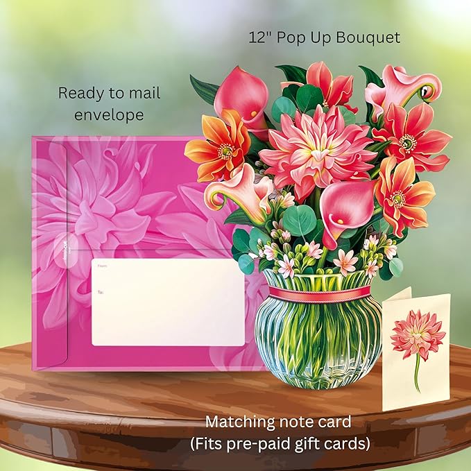 Freshcut Paper Pop Up Cards, Dear Dahlia, 12 Inch Life Sized Forever Flower Bouquet 3D Popup Greeting Card, Birthday Cards, Thank You Card, Blank Notecard & Envelope