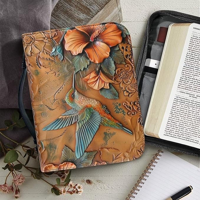 Lotusorchid Large Faux Leather Bible Cover, Hummingbird Bible Cover Case for Women with Handle Pocket, Hibiscus Bible Book Carrying Bags Bible Tote Bag, Bible Study Accessories, Orange, 2XL