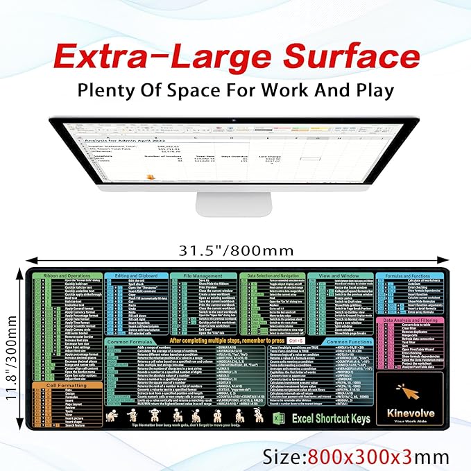 Excel Shortcut Kyes Mouse Pad,Large XL Excel Cheat Sheet Desk Pad,Pc Office&Gaming Keyboard Mat, Non-Slip Spreadsheet Shortcuts Mousepad 31.5" x 11.8"