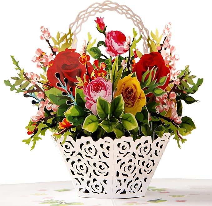 Valentines Day Card, Flower Basket Pop Up Card, Mother's Day Pop Up Card, Birthday Cards for Women, Thinking of You, Greeting Card, Get Well Soon Cards, Wonderful Souvenir, Wife, Grandma