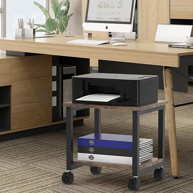 Under Desk Printer Stand, 2-Tier 16.5''x 12.6''x 14.8'' Rolling Printer Stand Storage Shelves for Printer, Scanner, Fax Machine, Files, Books with Anti-Skid Feet for Home, Office, Brown
