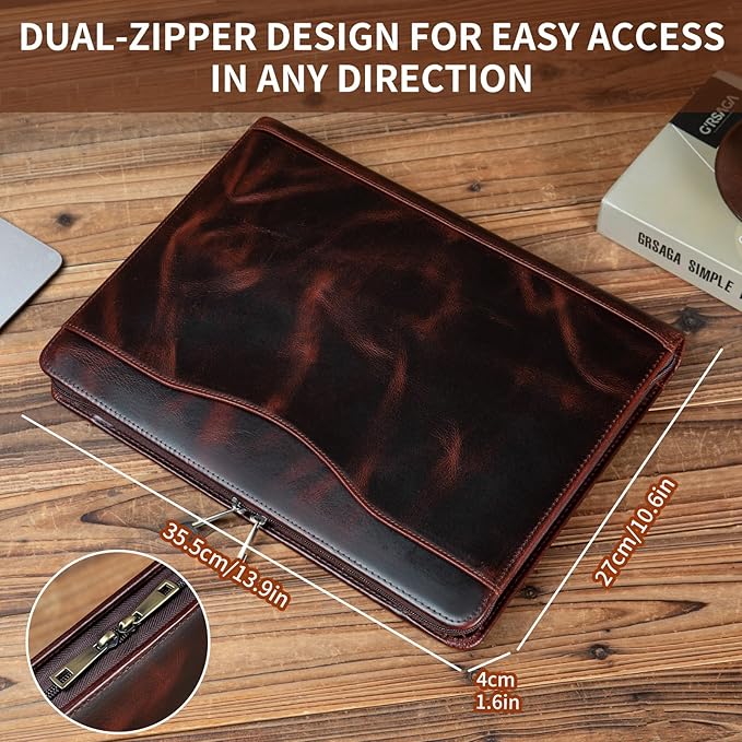 YIWEN Handmade Crazy-Horse Leather 3 Ring Binder Portfolio Padfolio Folder with Zipper for Men and Women, Business Organizer for Letter A4 Size for Meeting and Travel (Non-custom, Oil Wax-Dark Brown)