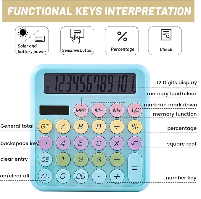 Golcellia Calculators Desktop, Blue Mechanical Calculator, Cute Calculator 12 Digit Desk Basic Calculator Large Display, Dual Power Solar Battery, Office Home School Supplies for Adults & Students